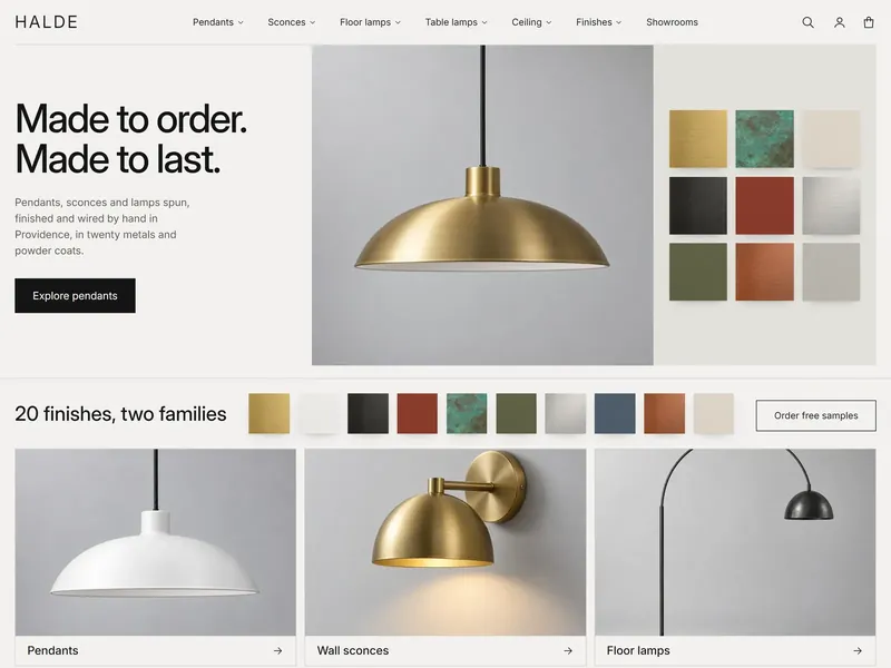 Filament style: a brass pendant lamp beside a grid of metal and powder-coat finish swatches.