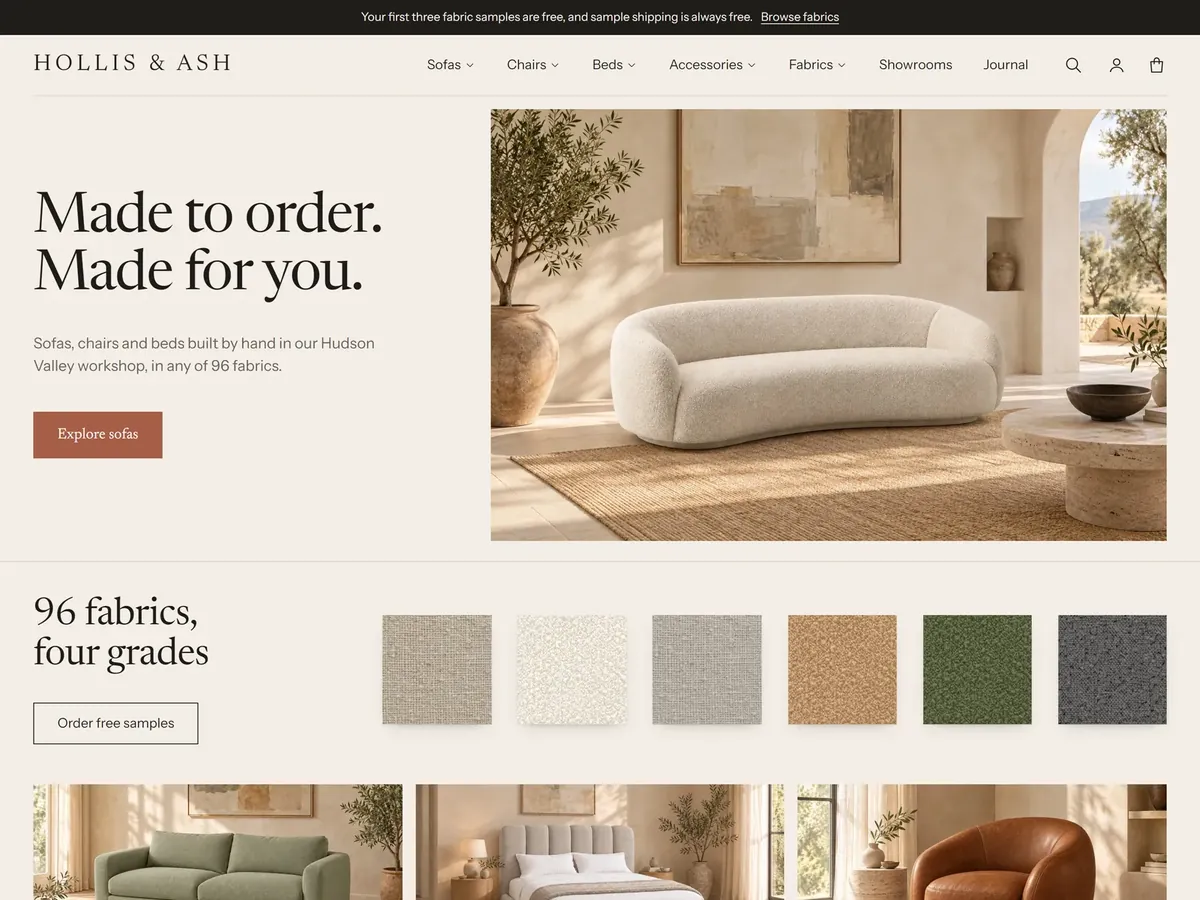 Weft theme home page for an upholstery brand, with a curved bouclé sofa, a row of fabric swatches and category cards.