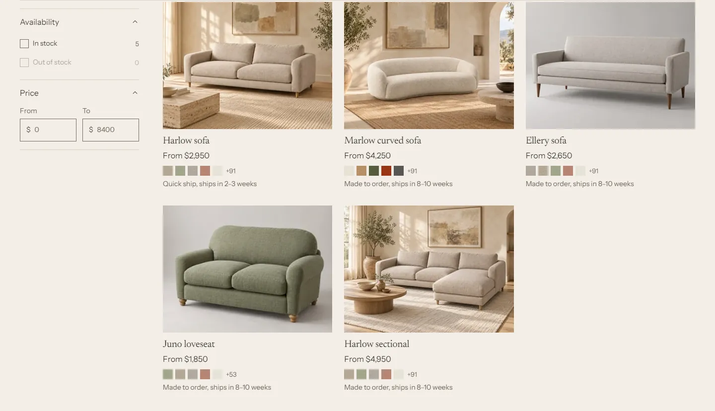 A collection page with availability and price filters in a sidebar and product cards with swatches and lead times