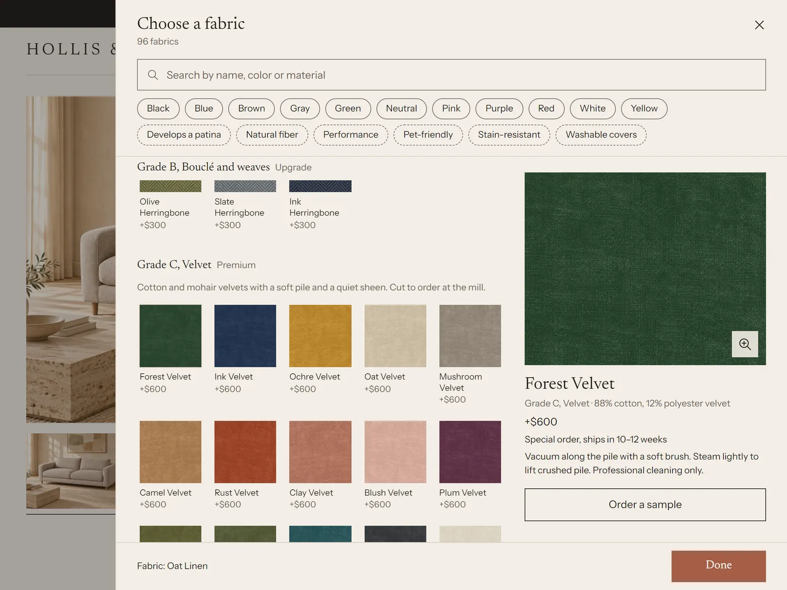 The fabric panel: color and feature chips, grade headings, velvet swatches with price differences and a large preview of Forest Velvet with its lead time and a sample button