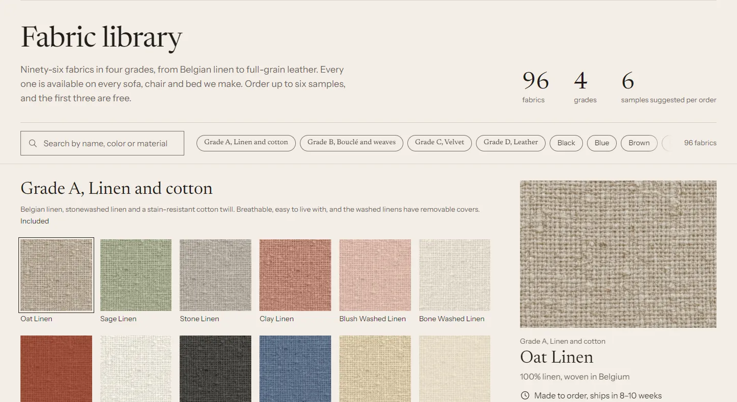 The fabric library page: a heading with fabric, grade and sample counts, grade and color filter chips, swatches for Grade A and a large preview of Oat Linen