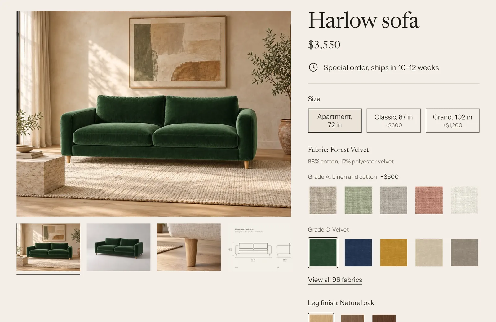 Harlow sofa in Forest Velvet: the gallery shows the green velvet sofa and the lead time reads "Special order, ships in 10–12 weeks"
