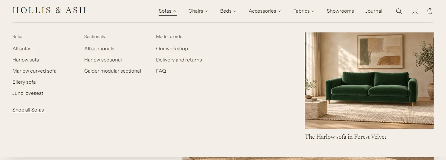 A mega menu under Sofas with three columns of links and a featured image